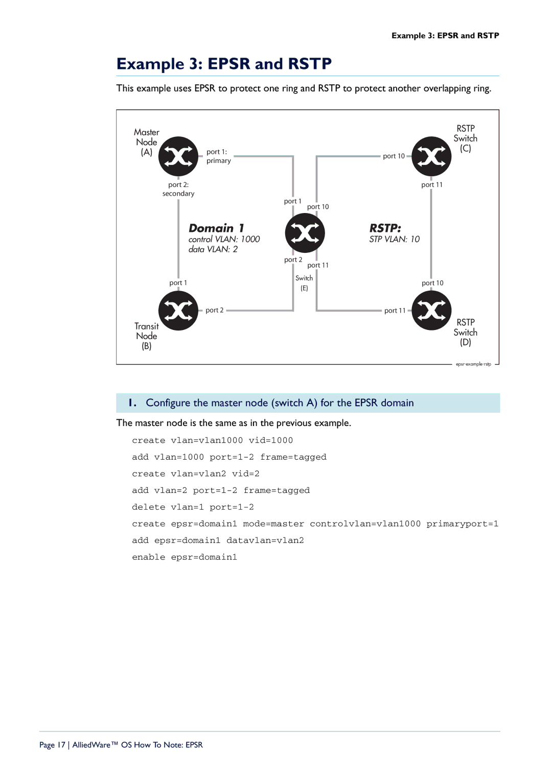 Allied Telesis AT-8948, X900-48FE-N manual Example 3 Epsr and Rstp, Configure the master node switch a for the Epsr domain 