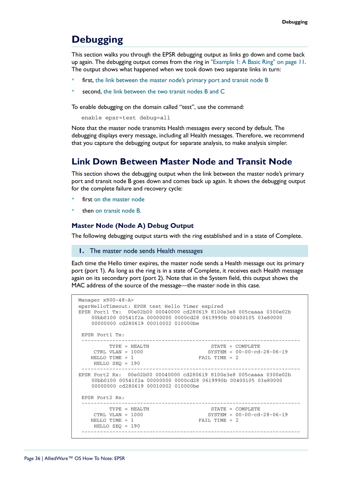 Allied Telesis AT-9924T/4SP-A-20, X900-48FE-N, AT-8948 manual Debugging, Link Down Between Master Node and Transit Node 