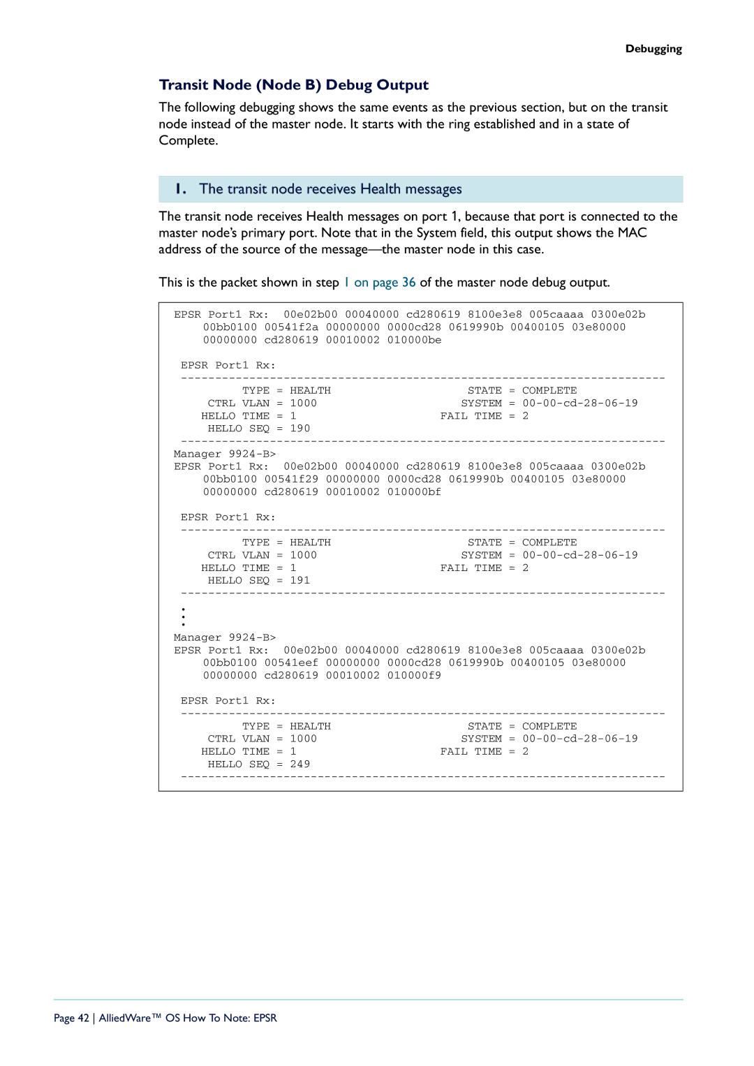 Allied Telesis AT-8948, X900-48FE-N, AT-9924T-40 Transit Node Node B Debug Output, Transit node receives Health messages 