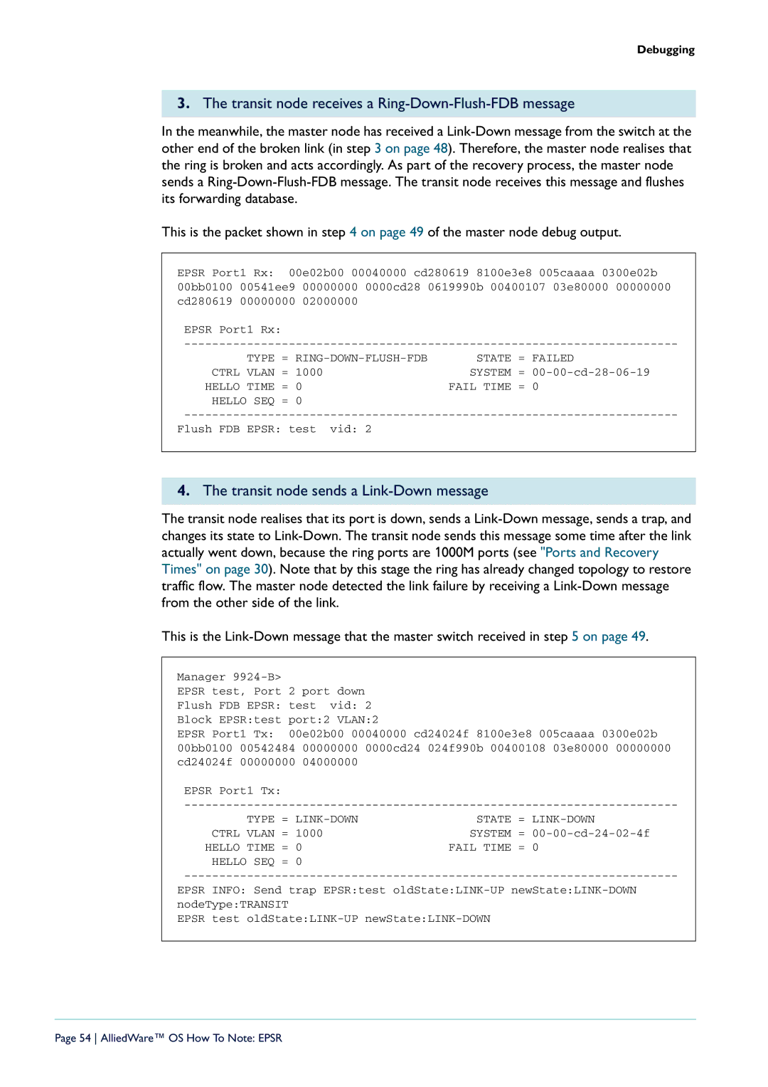 Allied Telesis AT-9924SP-30 Transit node receives a Ring-Down-Flush-FDB message, Transit node sends a Link-Down message 