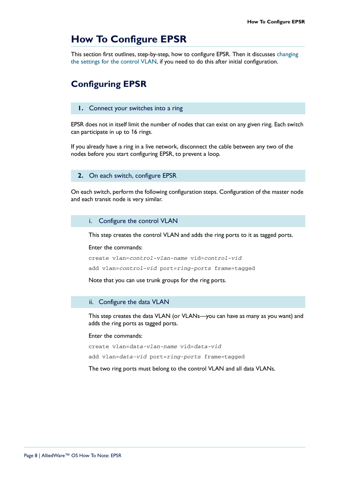 Allied Telesis AT-9924T-40, X900-48FE-N, AT-9924T/4SP-A-20, AT-8948, AT-9924SP-30 How To Configure Epsr, Configuring Epsr 