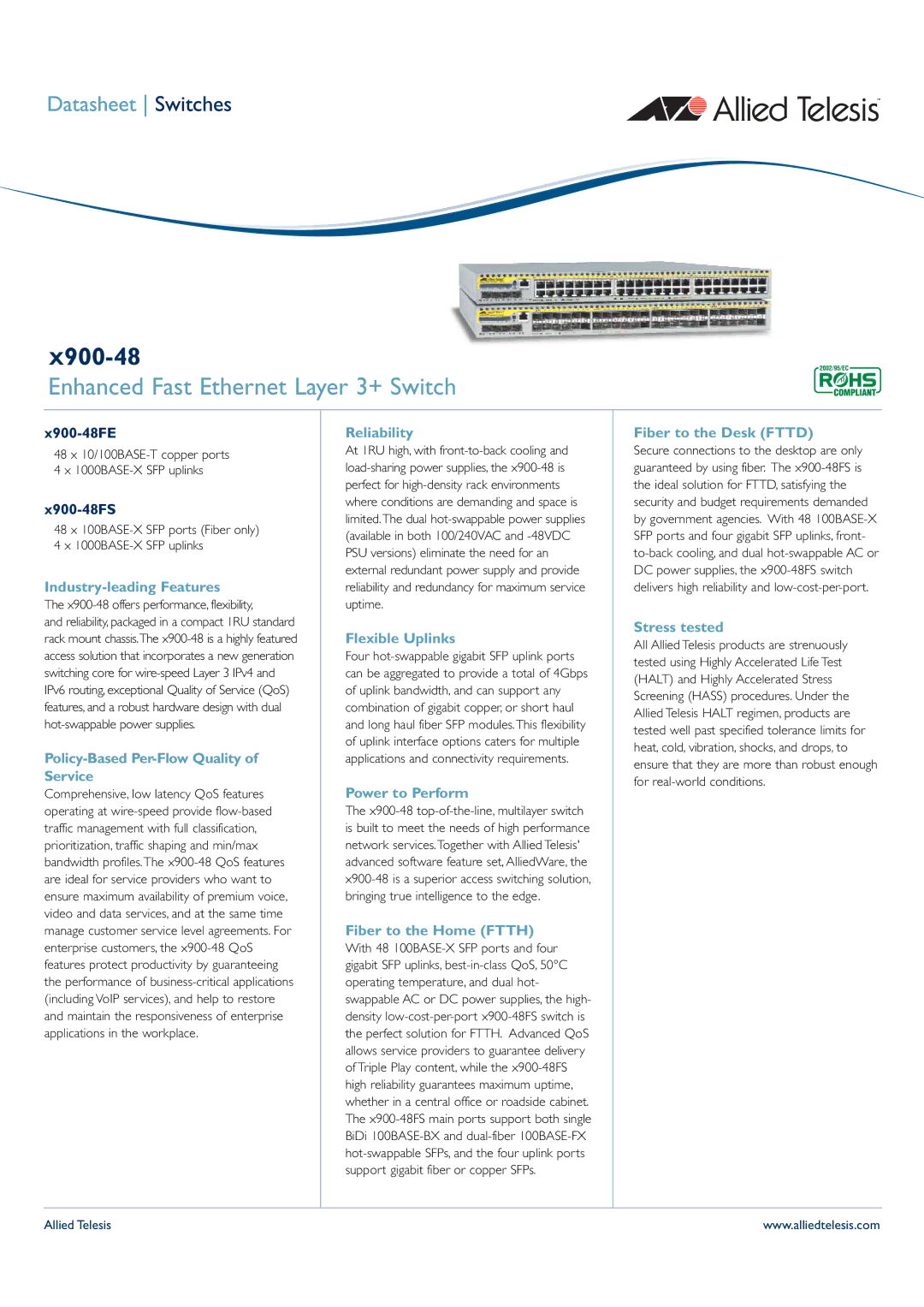 Allied Telesis X900-48FS manual Industry-leading Features, Policy-Based Per-Flow Quality of Service, Reliability 