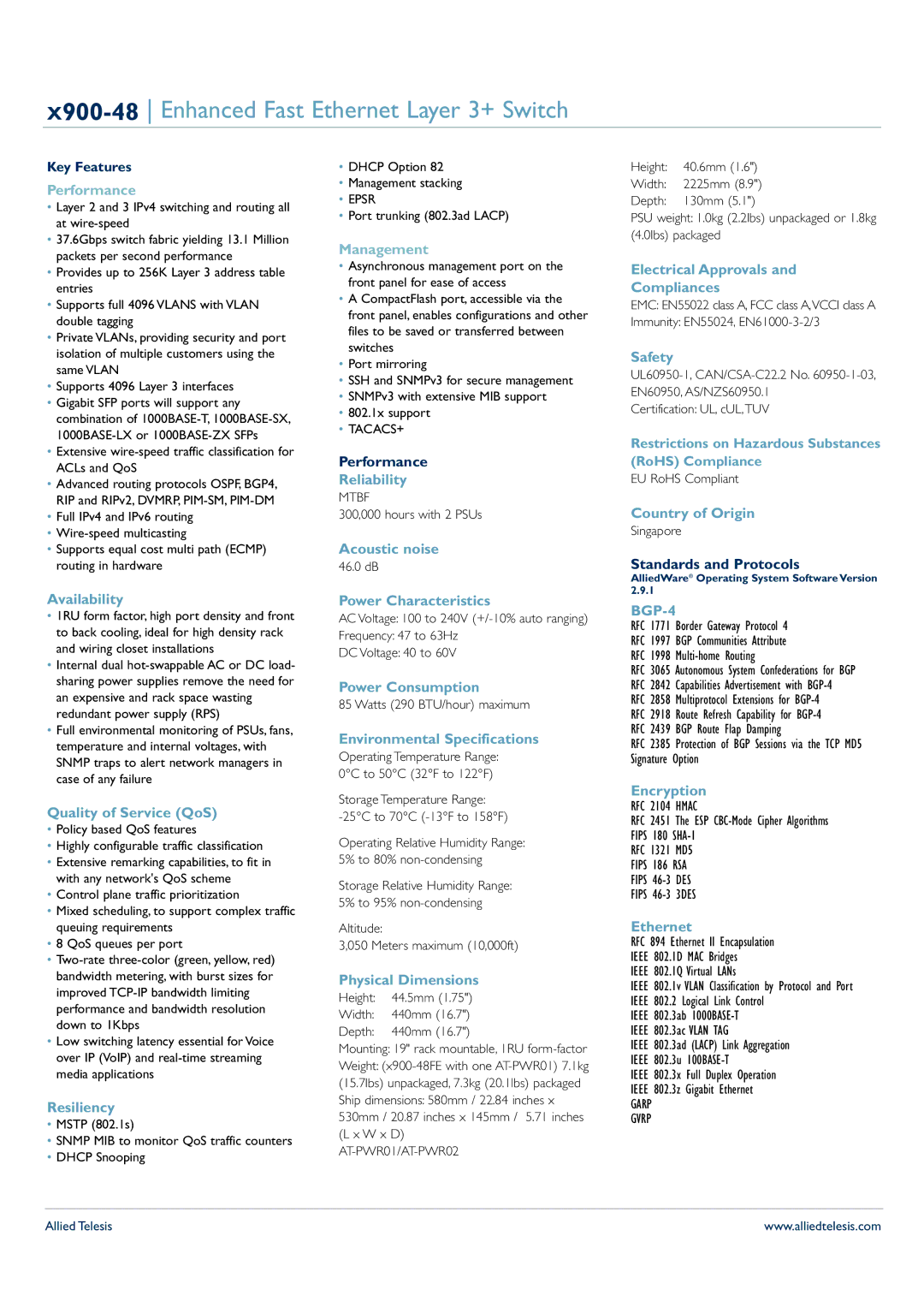 Allied Telesis X900-48FS Availability, Quality of Service QoS, Resiliency, Acoustic noise, Power Characteristics, Safety 