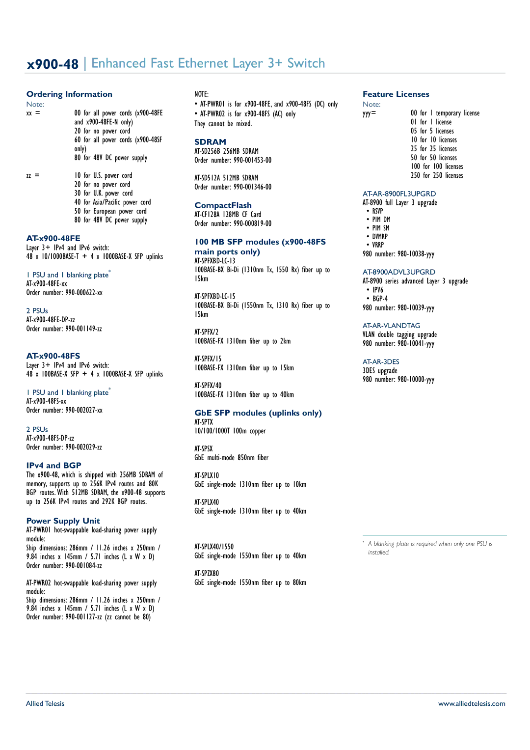 Allied Telesis X900-48FS Ordering Information, AT-x900-48FE, AT-x900-48FS, IPv4 and BGP, Power Supply Unit, CompactFlash 