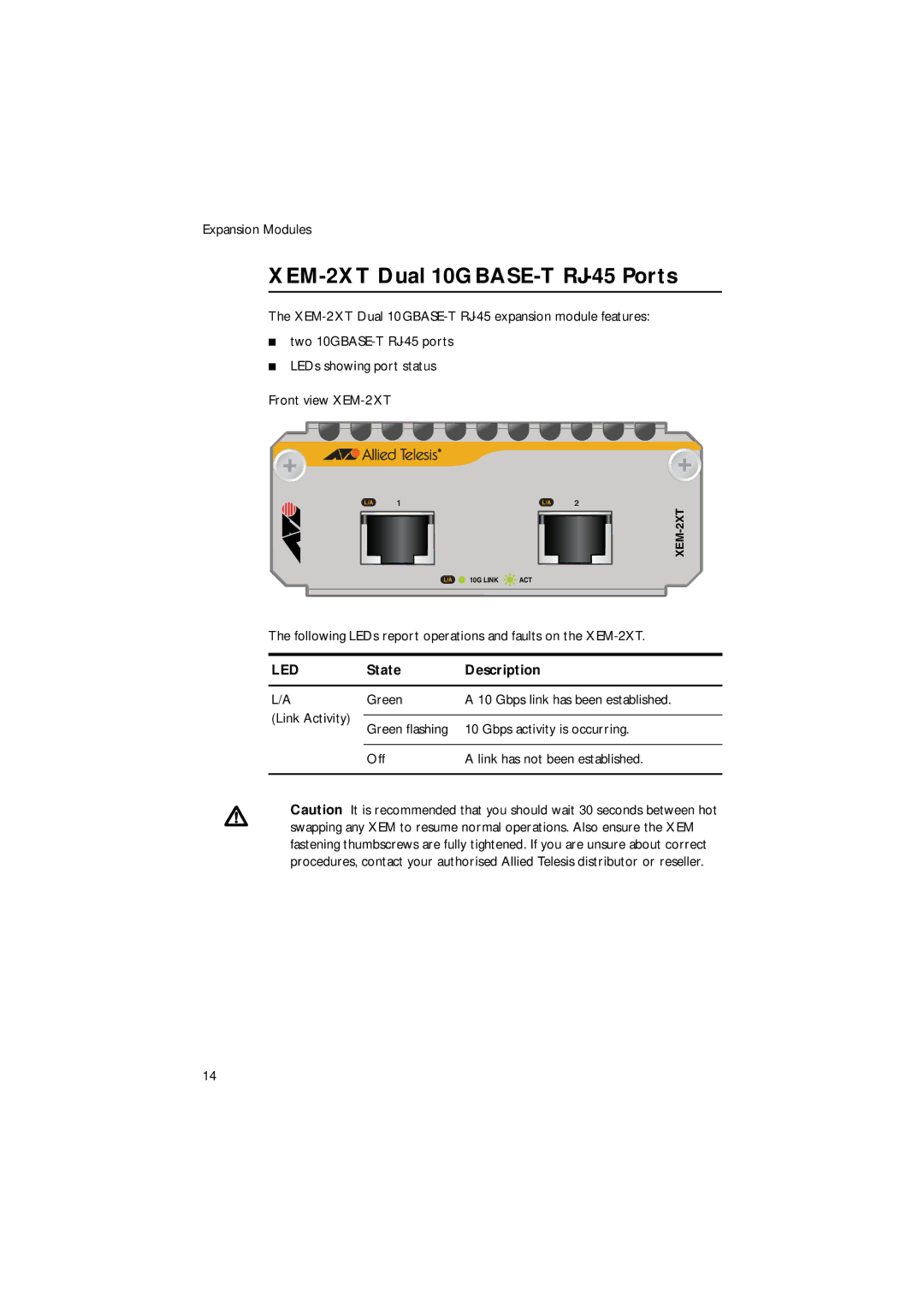 Allied Telesis XEM-2XP, x900 manual XEM-2XT Dual 10GBASE-T RJ-45 Ports 