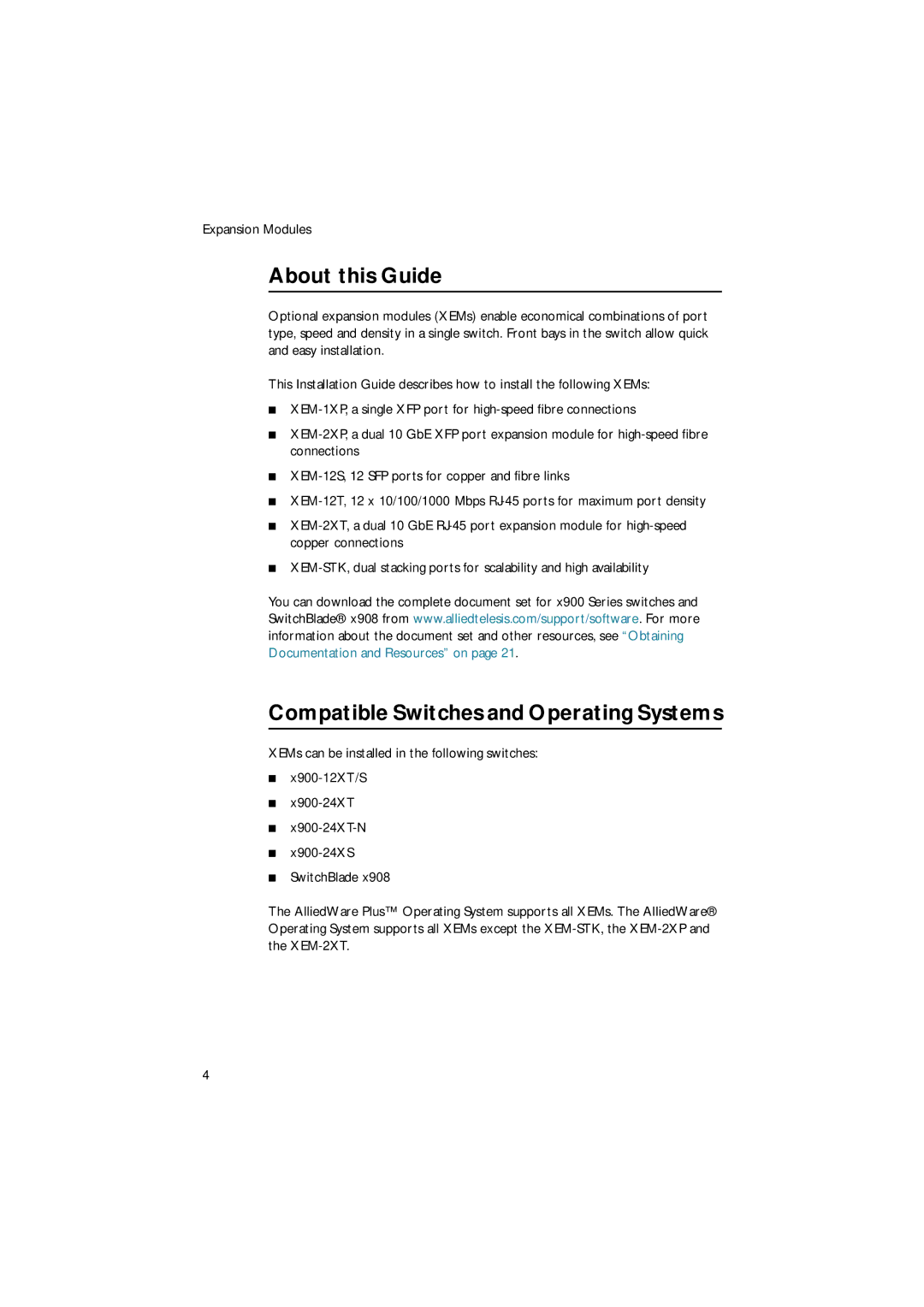 Allied Telesis XEM-2XP, x900 manual About this Guide, Compatible Switches and Operating Systems 