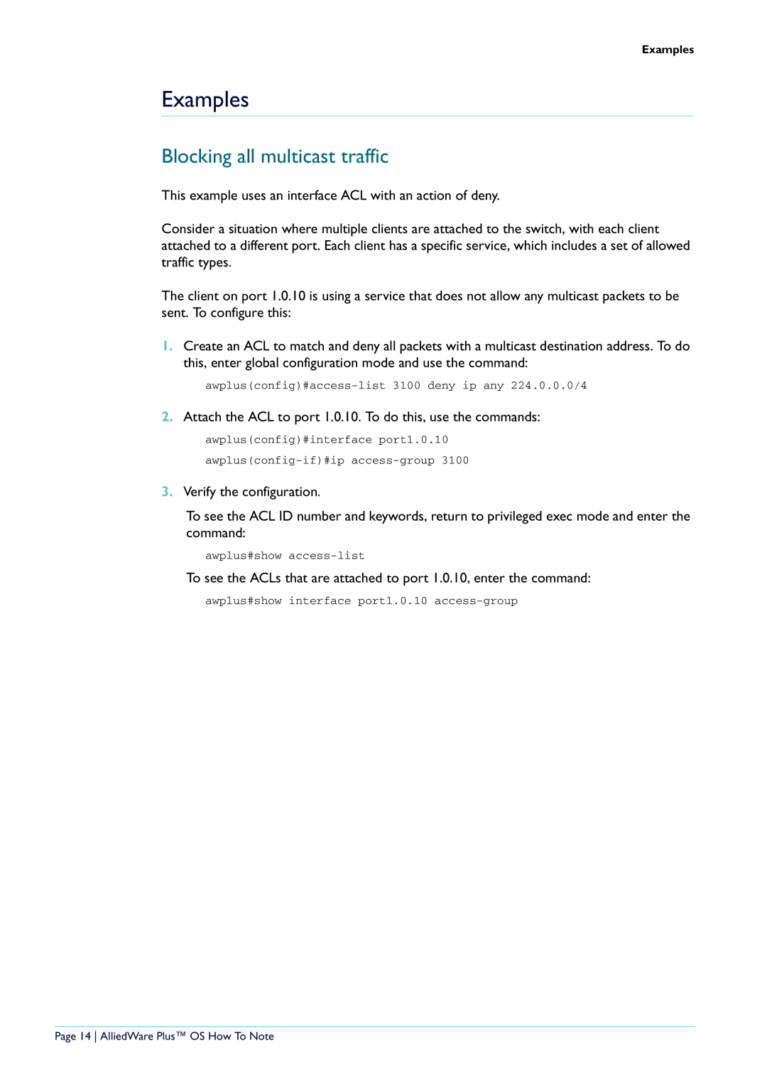 Allied Telesis x908, X900-12XT/S manual Examples, Blocking all multicast traffic 