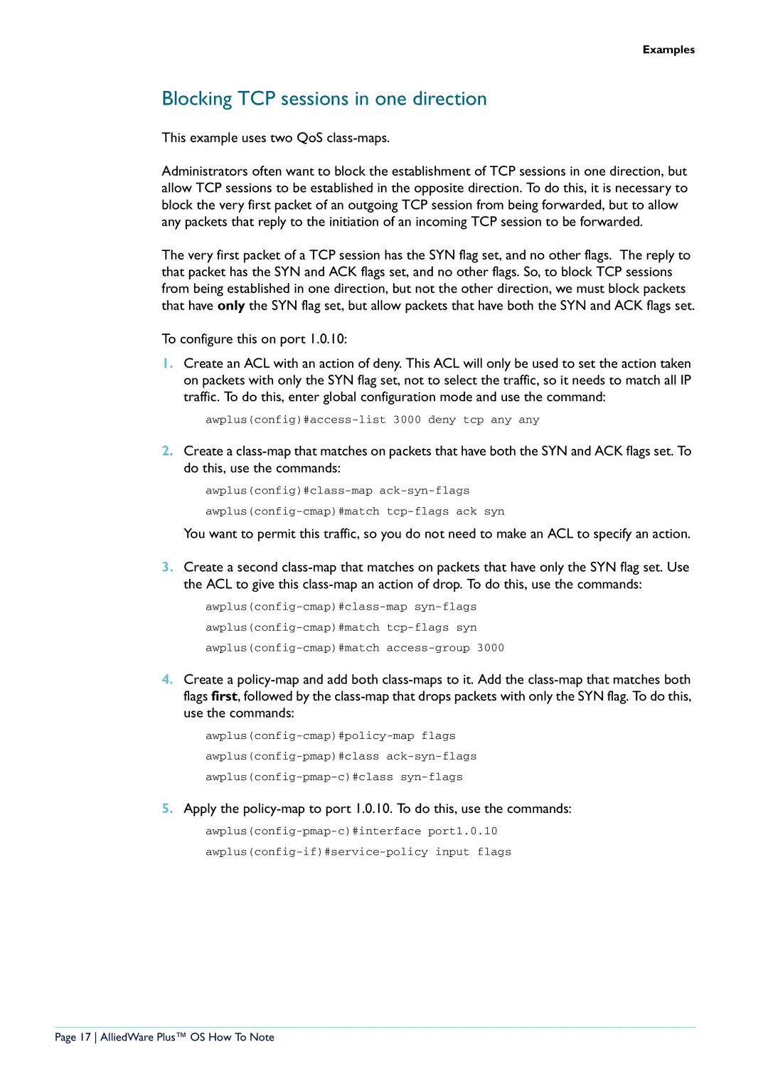 Allied Telesis X900-12XT/S, x908 manual Blocking TCP sessions in one direction, This example uses two QoS class-maps 