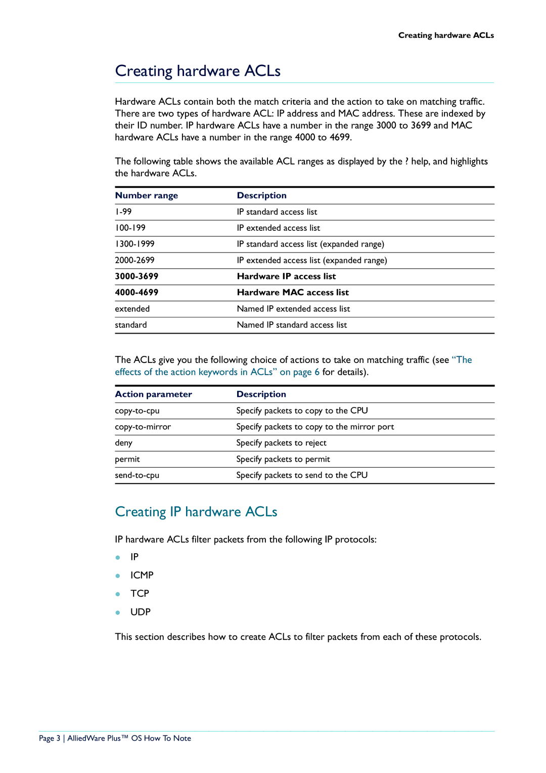 Allied Telesis X900-12XT/S, x908 manual Creating hardware ACLs, Creating IP hardware ACLs 