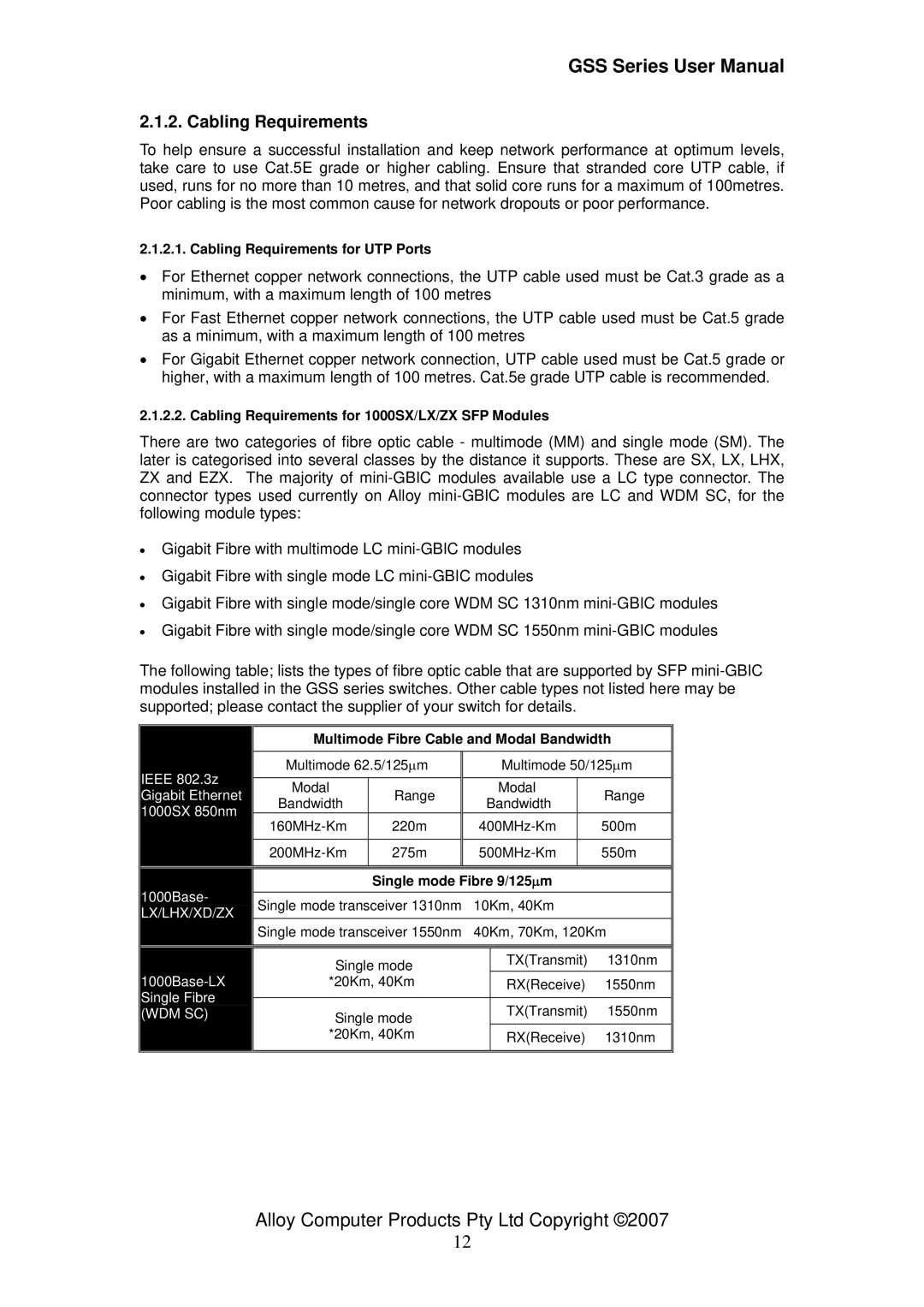 Alloy Computer Products GSS-24T4SFP, GSS-16T4SFP user manual Cabling Requirements, Multimode Fibre Cable and Modal Bandwidth 