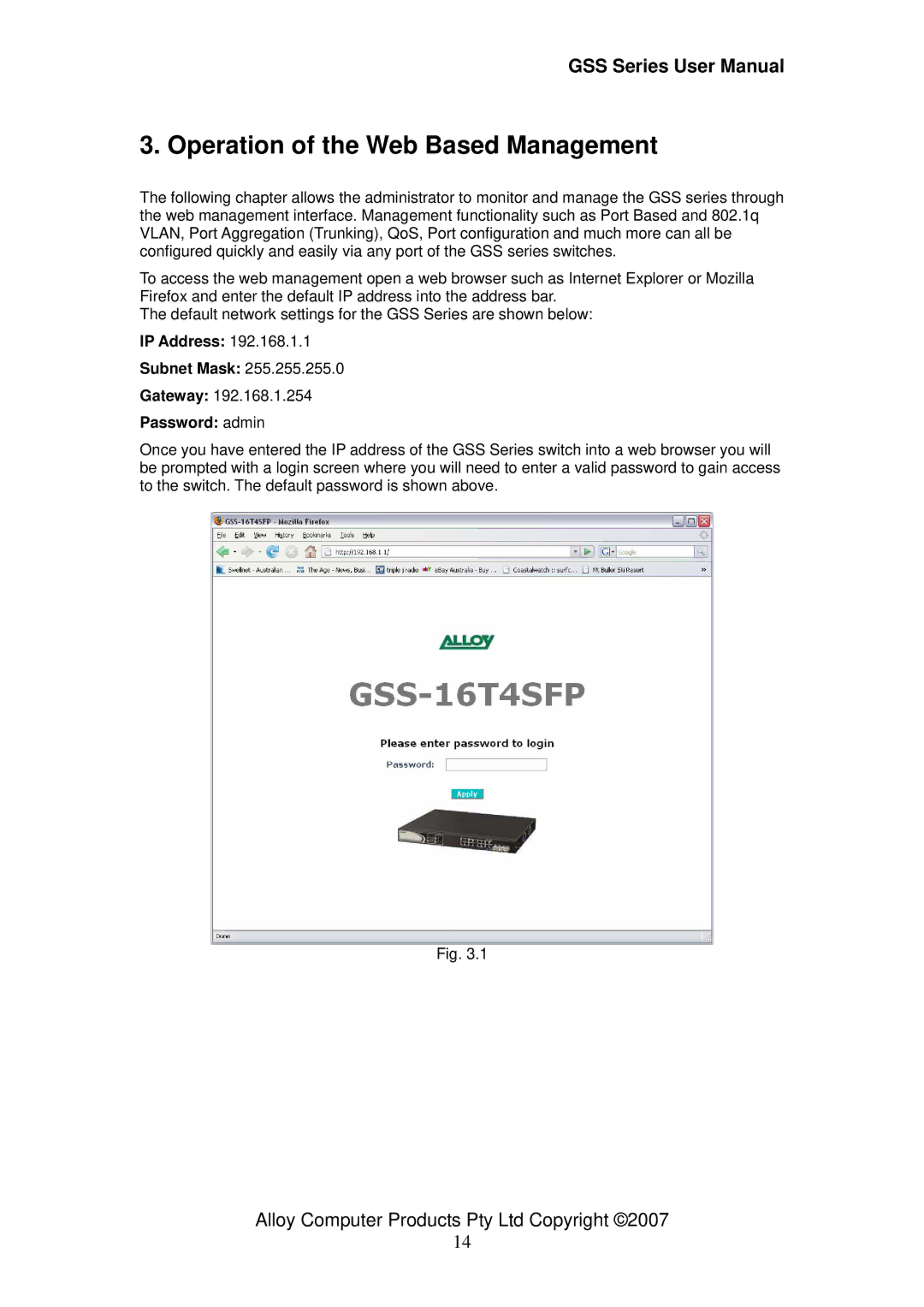 Alloy Computer Products 16/24 gigabit web managed switch, GSS-24T4SFP, GSS-16T4SFP user manual Subnet Mask, Password admin 