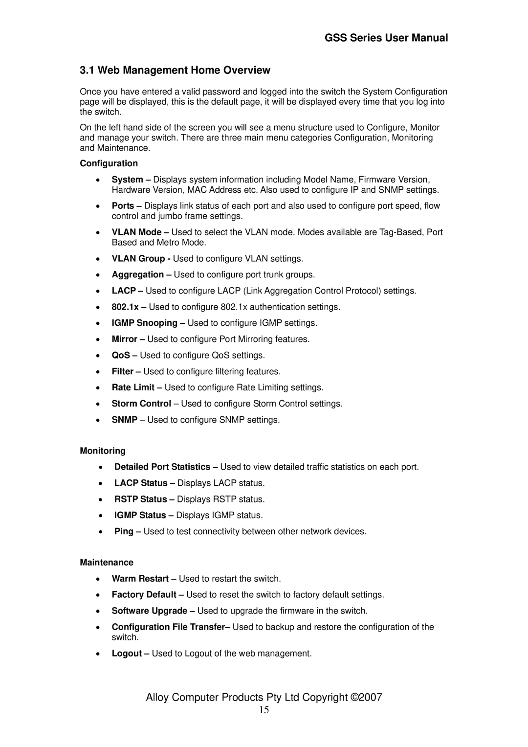 Alloy Computer Products GSS-24T4SFP, GSS-16T4SFP Web Management Home Overview, Configuration, Monitoring, Maintenance 