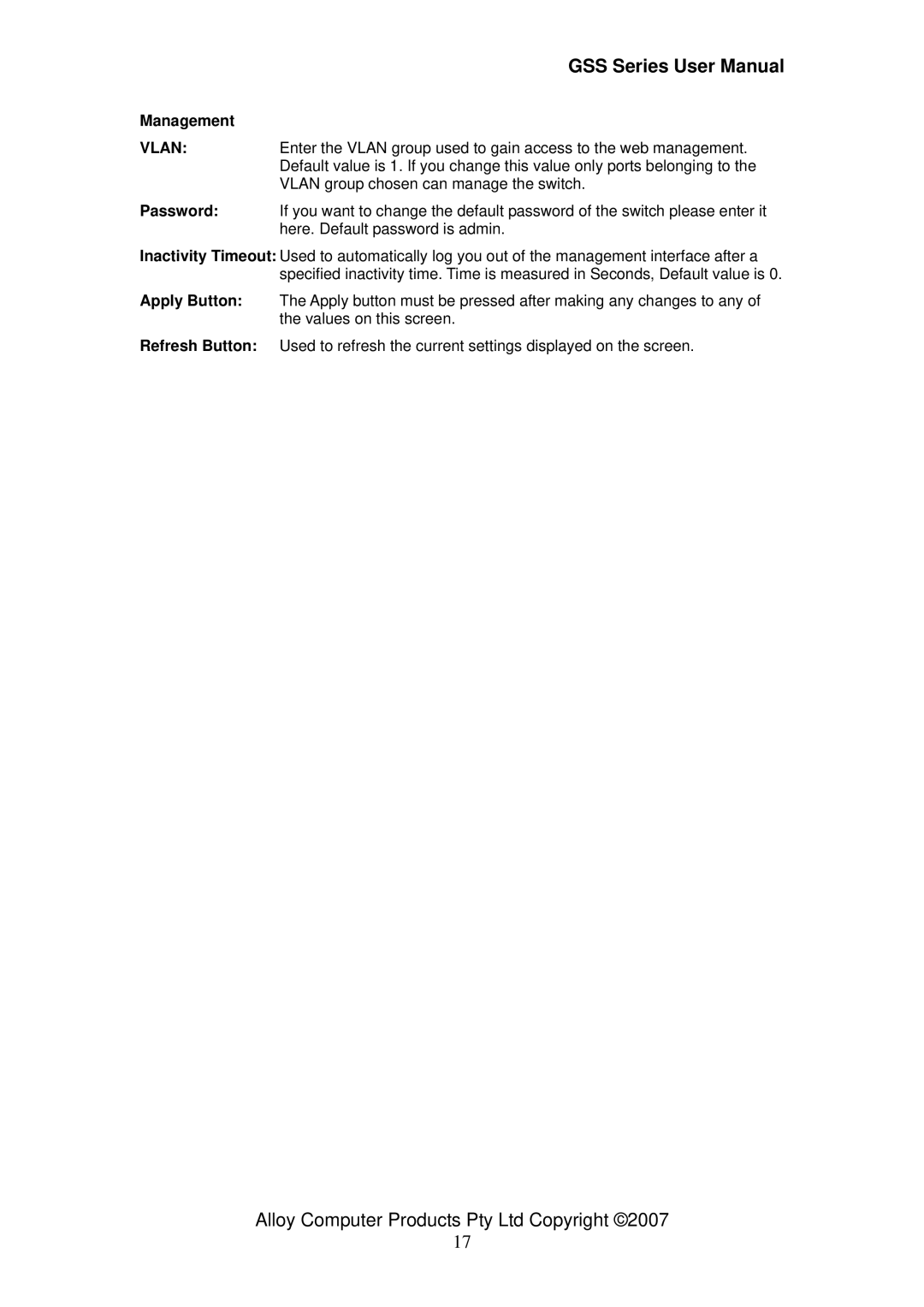 Alloy Computer Products 16/24 gigabit web managed switch, GSS-24T4SFP, GSS-16T4SFP user manual Management 