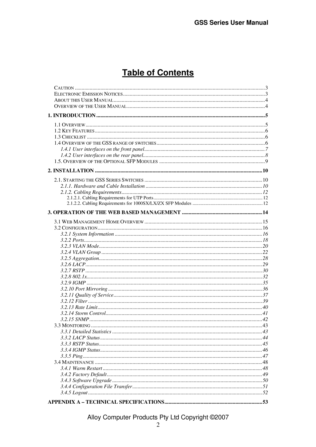 Alloy Computer Products 16/24 gigabit web managed switch, GSS-24T4SFP, GSS-16T4SFP user manual Table of Contents 