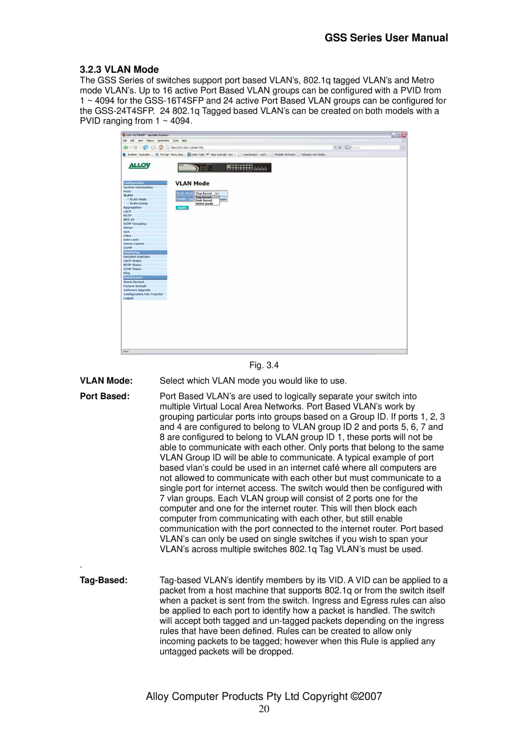 Alloy Computer Products 16/24 gigabit web managed switch, GSS-24T4SFP, GSS-16T4SFP user manual Vlan Mode 