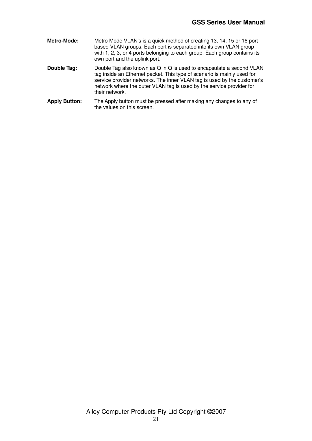 Alloy Computer Products GSS-24T4SFP, GSS-16T4SFP, 16/24 gigabit web managed switch user manual 