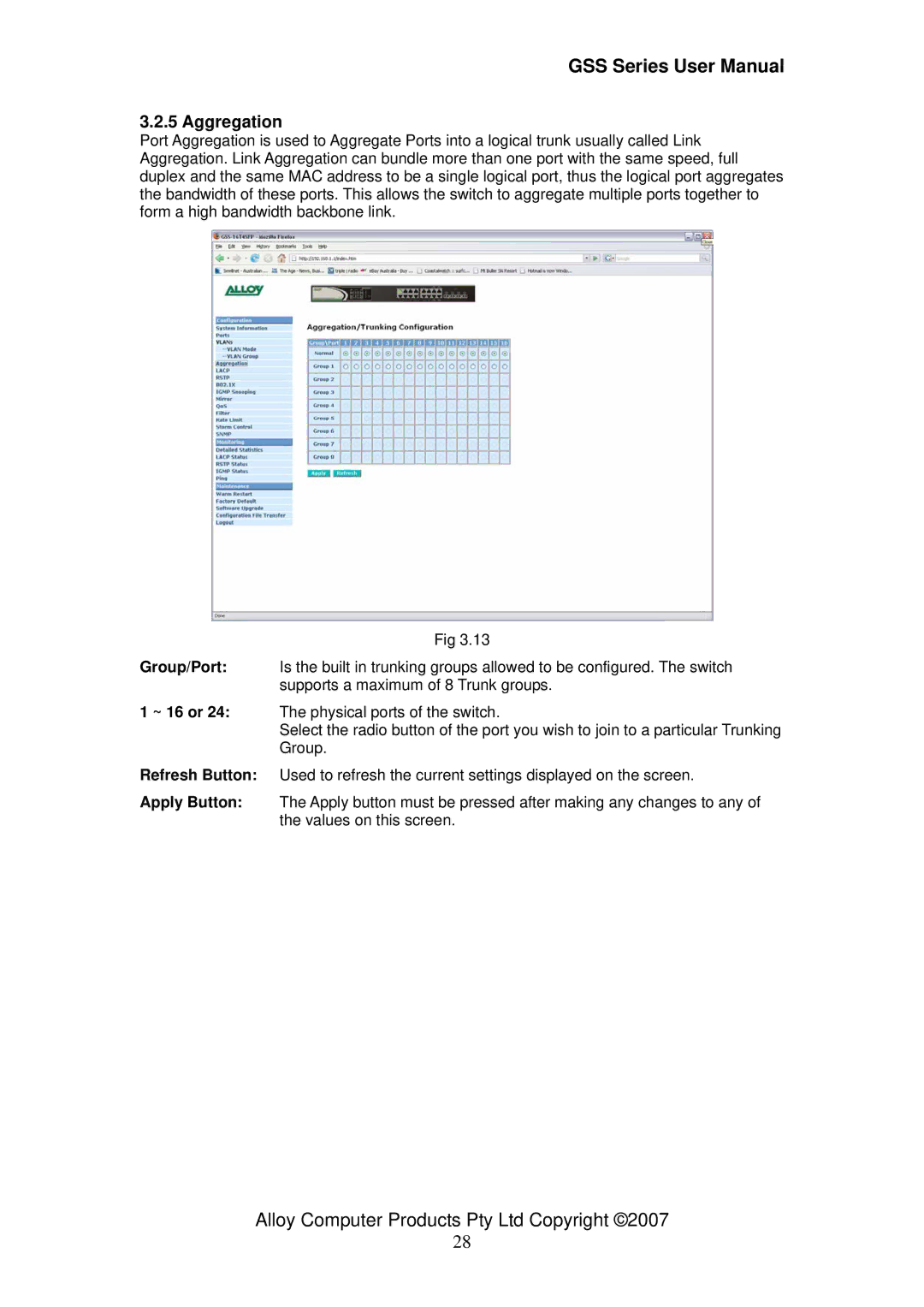 Alloy Computer Products GSS-16T4SFP, GSS-24T4SFP, 16/24 gigabit web managed switch user manual Aggregation 