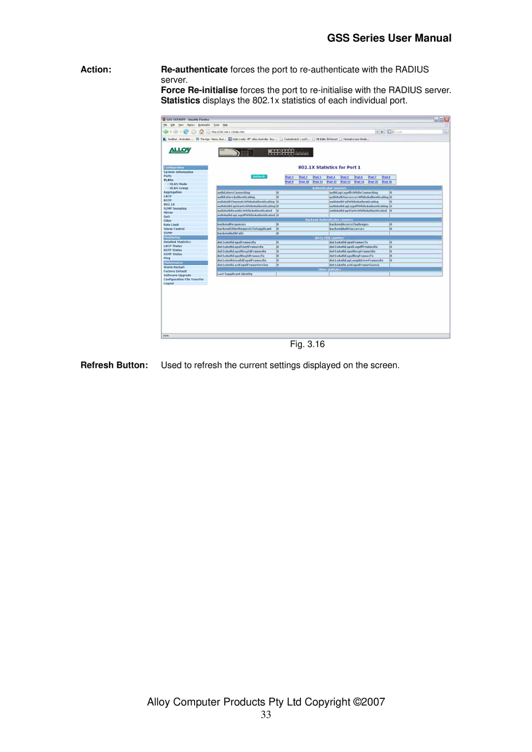 Alloy Computer Products GSS-24T4SFP, GSS-16T4SFP, 16/24 gigabit web managed switch user manual Action 