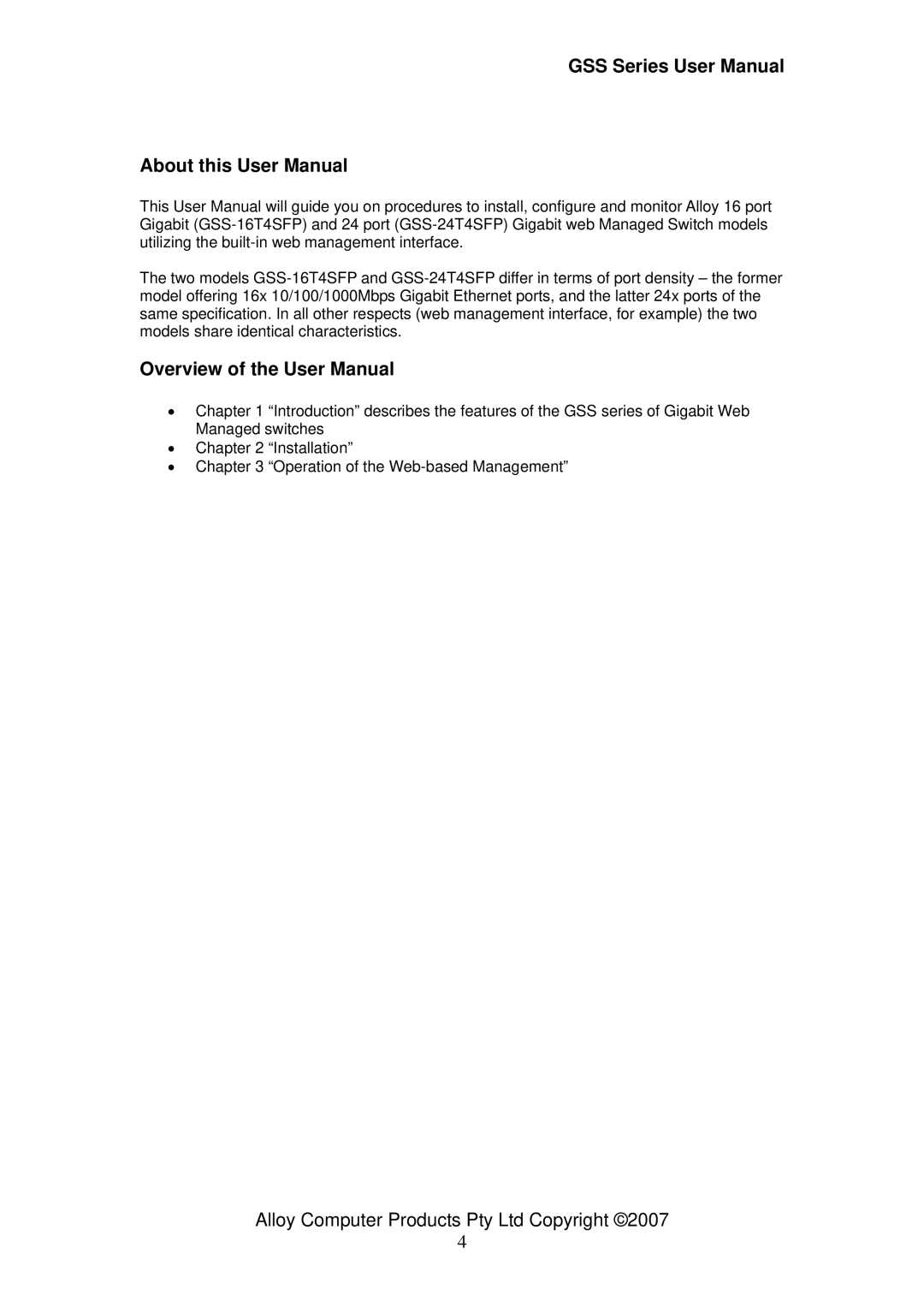 Alloy Computer Products GSS-16T4SFP, GSS-24T4SFP, 16/24 gigabit web managed switch user manual 