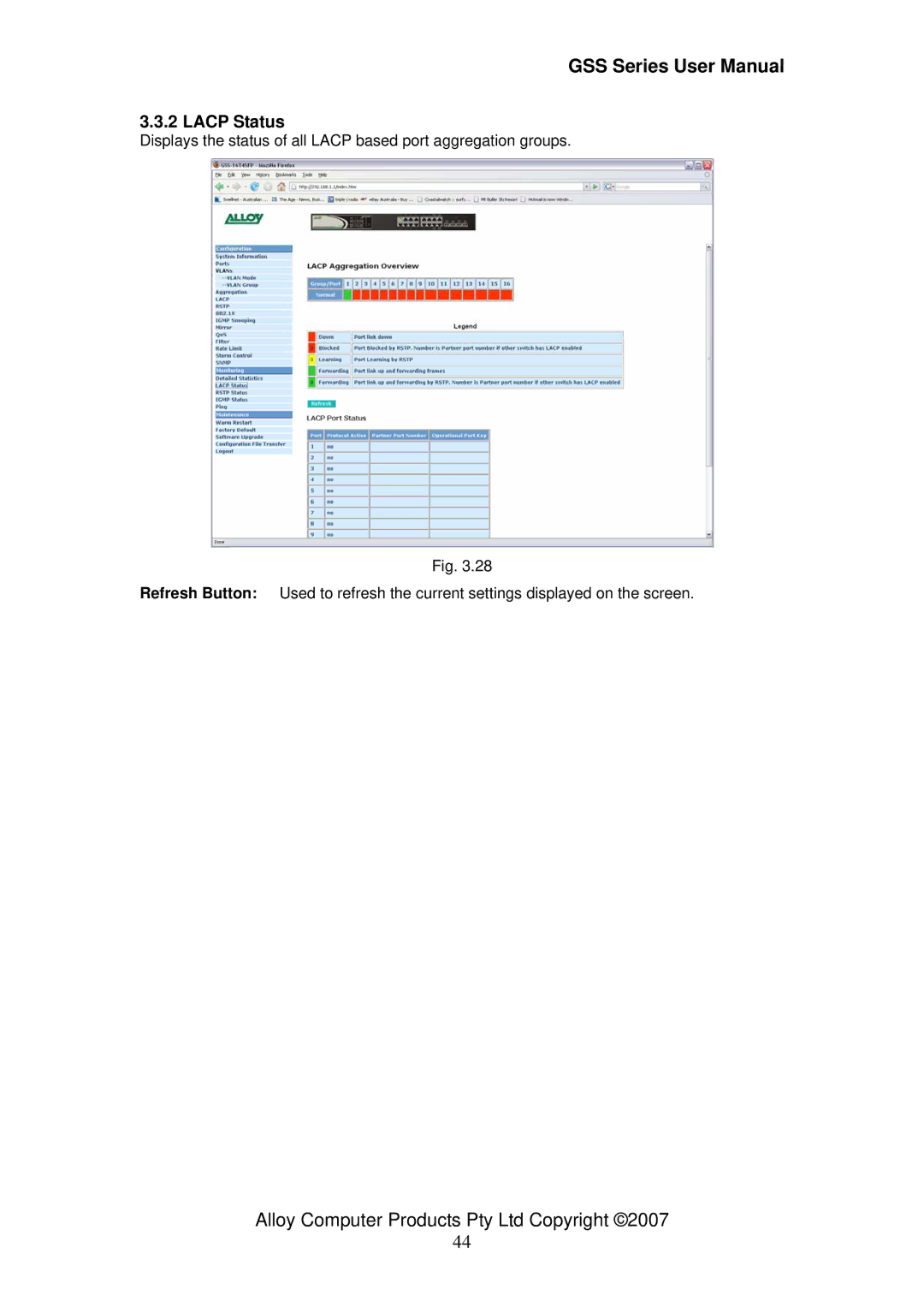 Alloy Computer Products 16/24 gigabit web managed switch, GSS-24T4SFP, GSS-16T4SFP user manual Lacp Status 