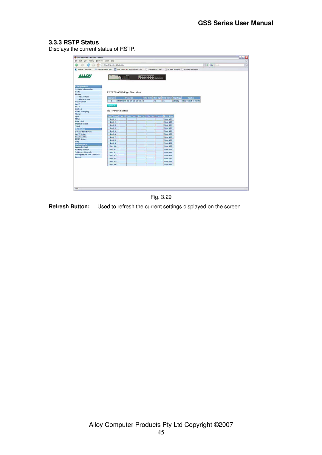 Alloy Computer Products GSS-24T4SFP, GSS-16T4SFP, 16/24 gigabit web managed switch user manual Rstp Status 