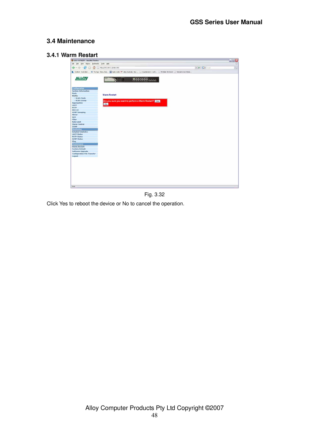 Alloy Computer Products GSS-24T4SFP, GSS-16T4SFP, 16/24 gigabit web managed switch user manual Maintenance, Warm Restart 