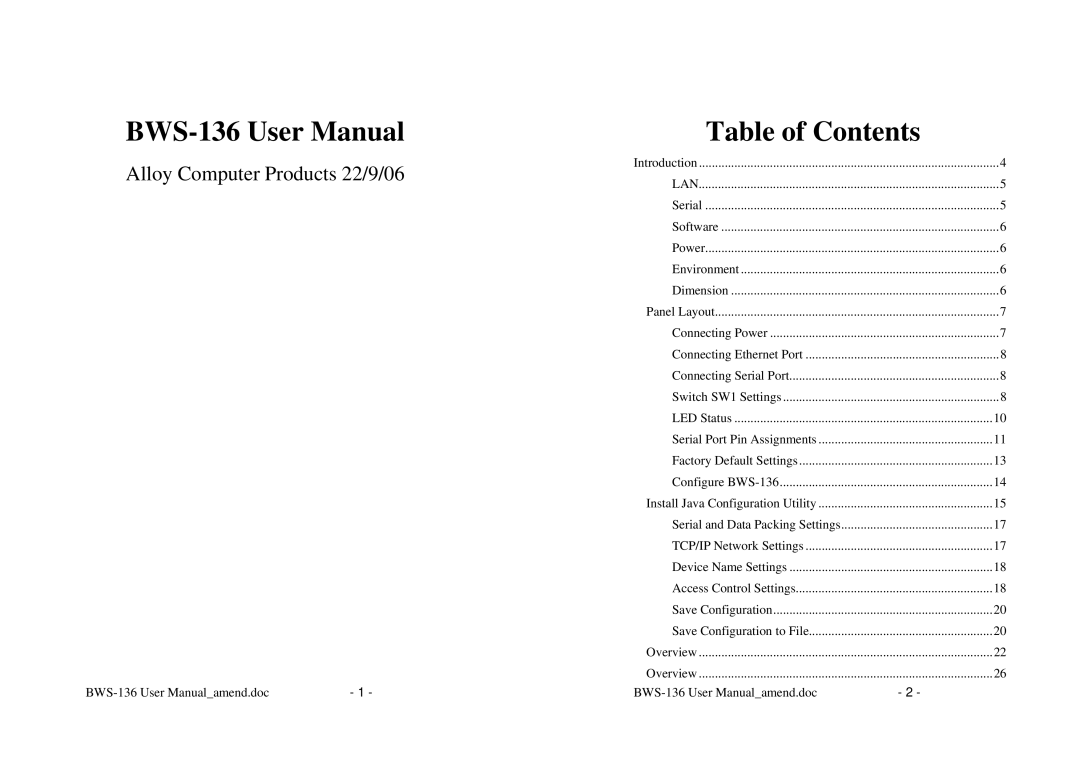 Alloy Computer Products BWS-136 user manual Table of Contents 