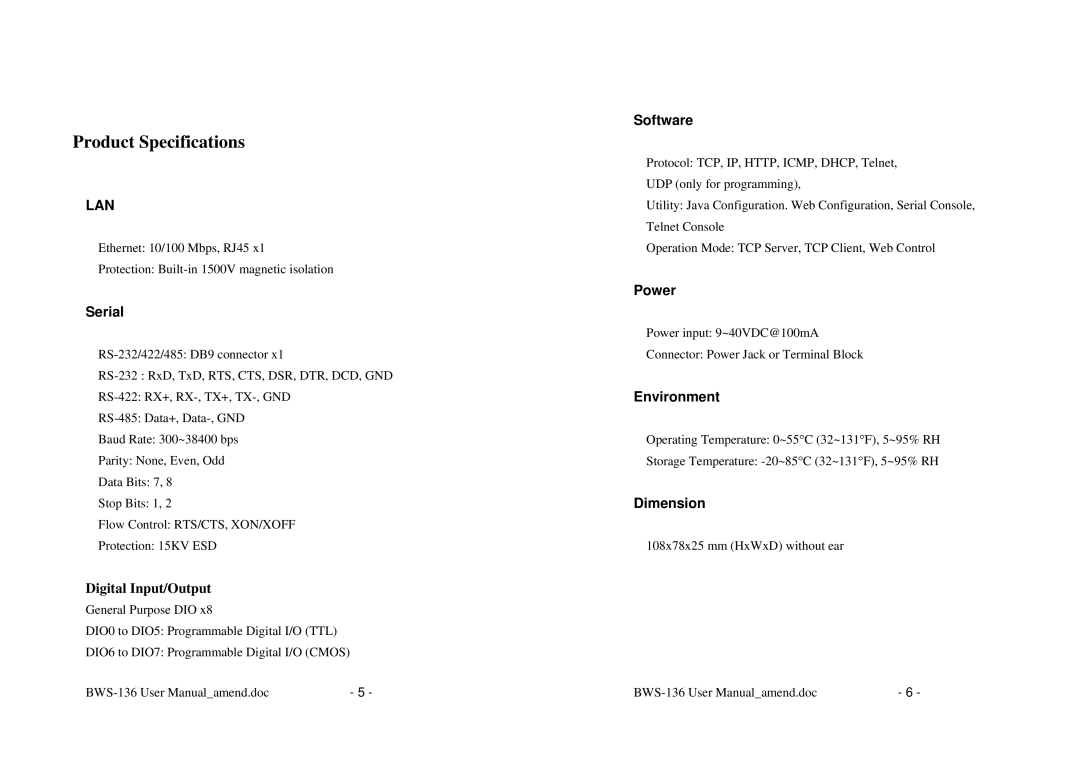 Alloy Computer Products BWS-136 user manual Product Specifications 