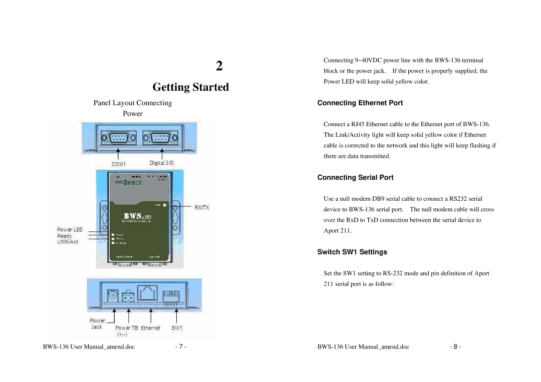 Alloy Computer Products BWS-136 Getting Started, Connecting Ethernet Port, Connecting Serial Port, Switch SW1 Settings 