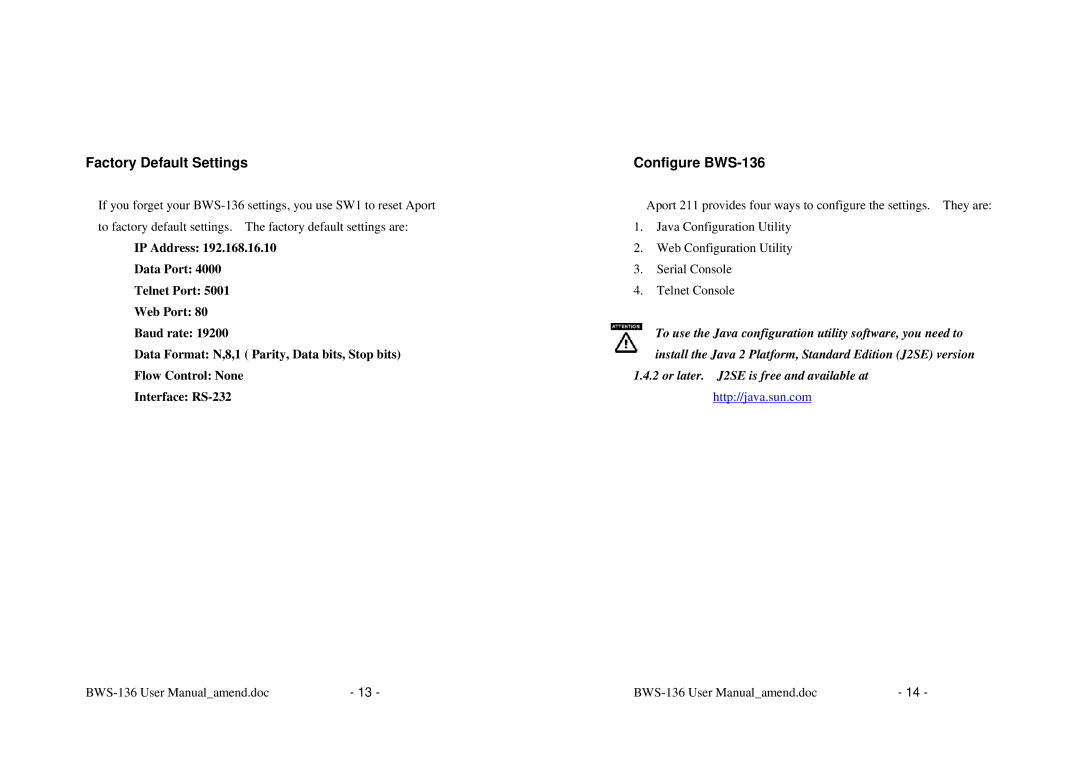 Alloy Computer Products user manual Factory Default Settings, Configure BWS-136 