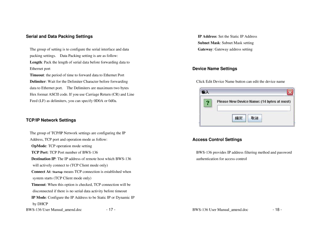 Alloy Computer Products BWS-136 user manual Serial and Data Packing Settings, TCP/IP Network Settings, Device Name Settings 