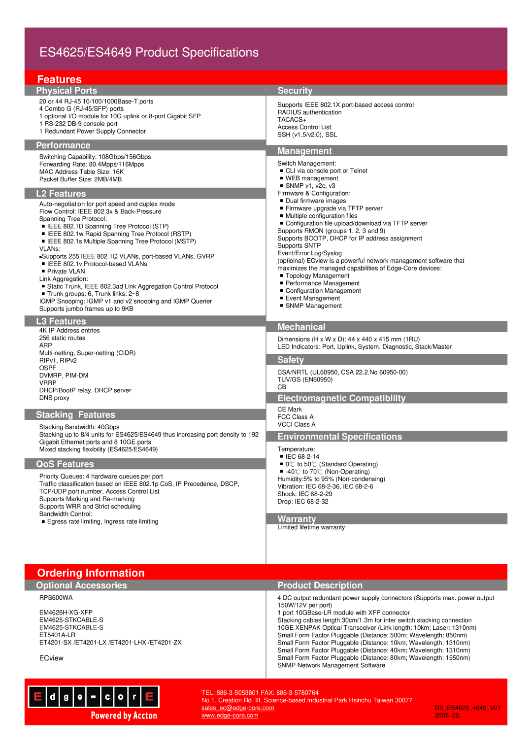 Alloy Computer Products ES4649 Physical Ports, Performance, L2 Features, L3 Features, Stacking Features, QoS Features 