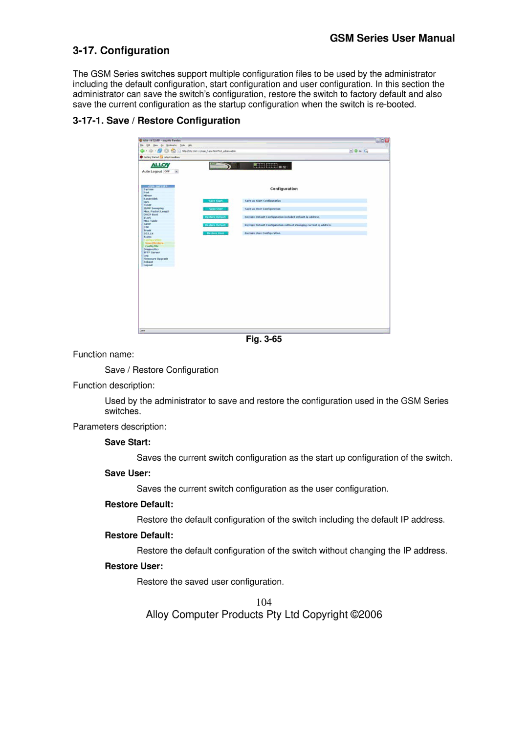 Alloy Computer Products GSM-24T2SFP, GSM-8T16SFP, GSM-16T2SFP user manual 104, Save / Restore Configuration 