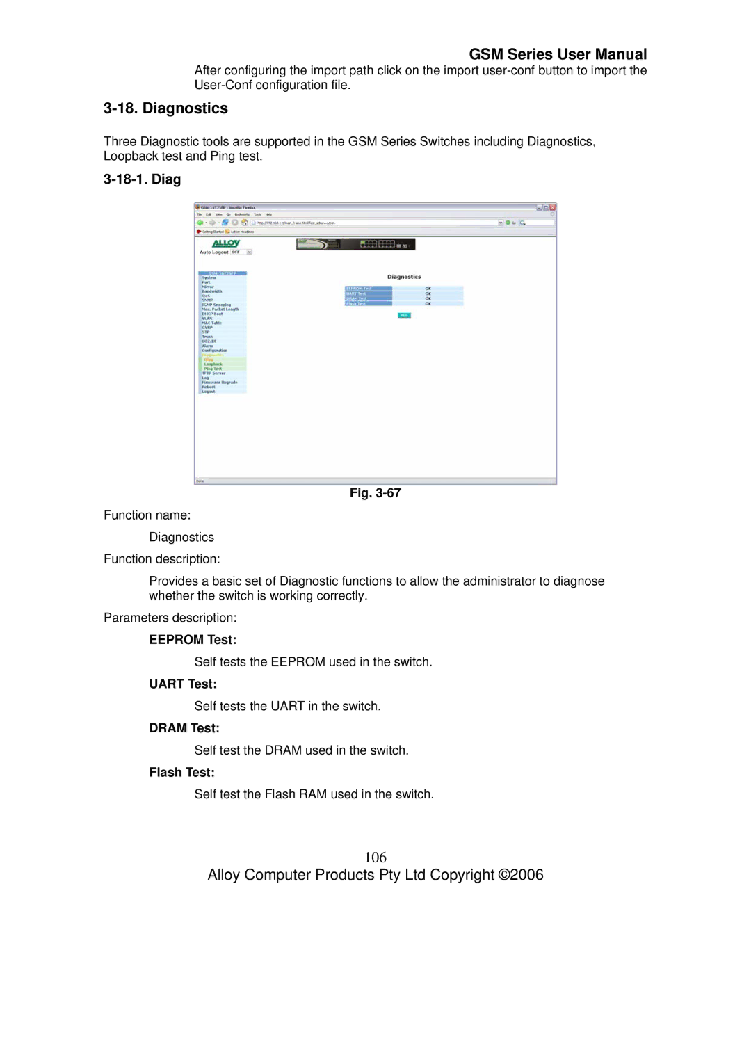 Alloy Computer Products GSM-16T2SFP, GSM-24T2SFP, GSM-8T16SFP user manual Diagnostics, 106 