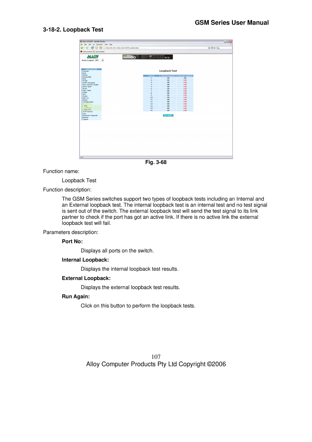 Alloy Computer Products GSM-24T2SFP, GSM-8T16SFP 107, Loopback Test, Internal Loopback, External Loopback, Run Again 