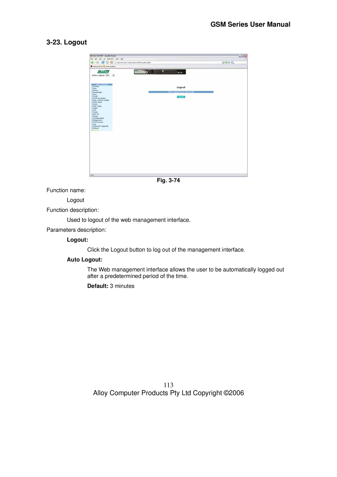 Alloy Computer Products GSM-24T2SFP, GSM-8T16SFP, GSM-16T2SFP user manual 113, Auto Logout, Default 3 minutes 