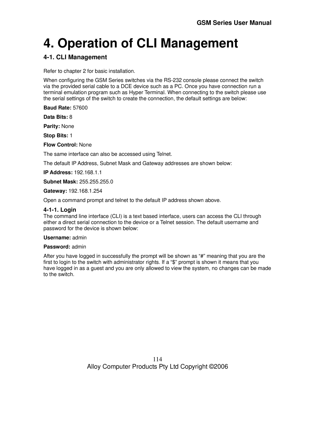 Alloy Computer Products GSM-8T16SFP, GSM-24T2SFP, GSM-16T2SFP user manual CLI Management, 114, Login 