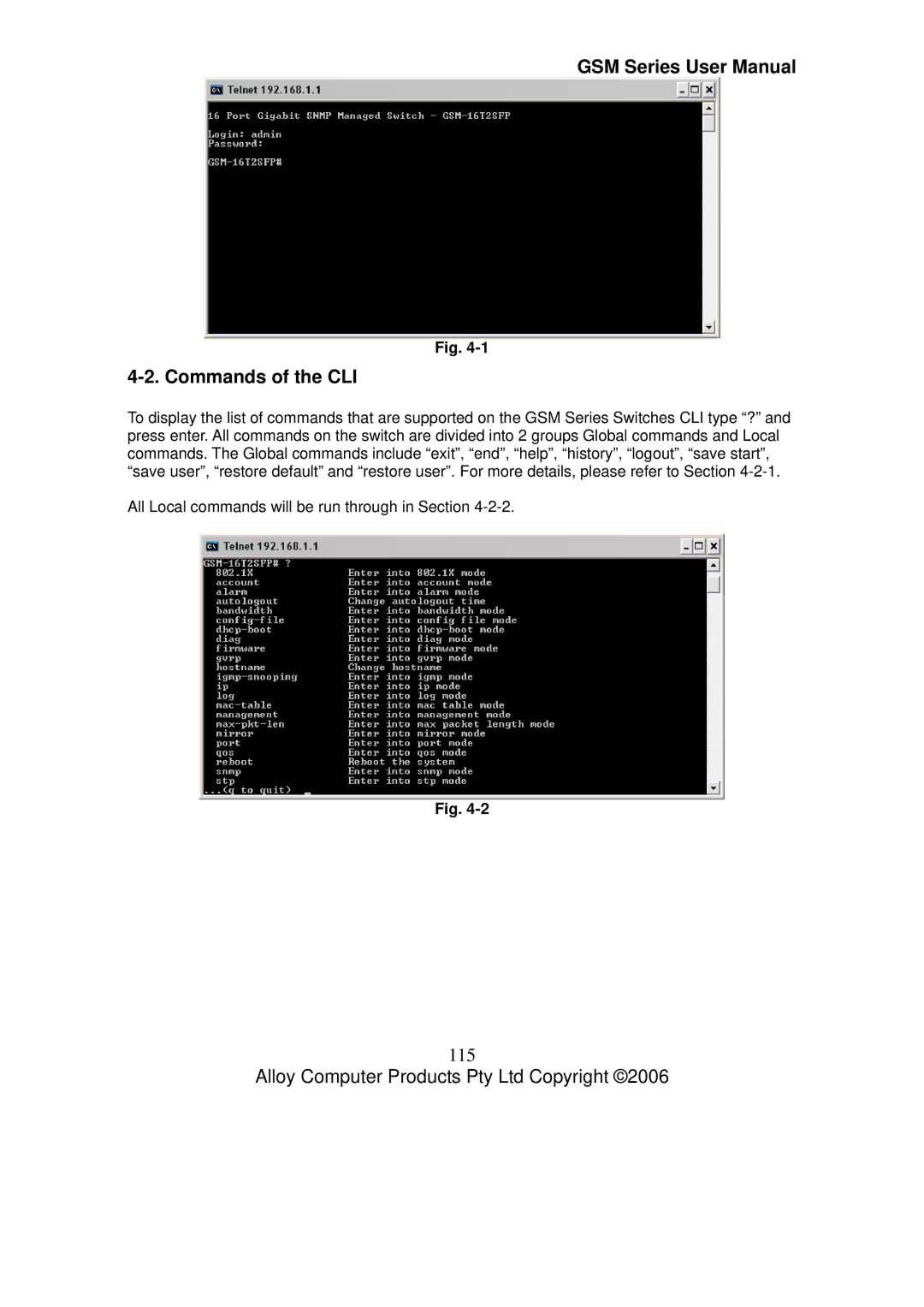 Alloy Computer Products GSM-16T2SFP, GSM-24T2SFP, GSM-8T16SFP user manual Commands of the CLI, 115 