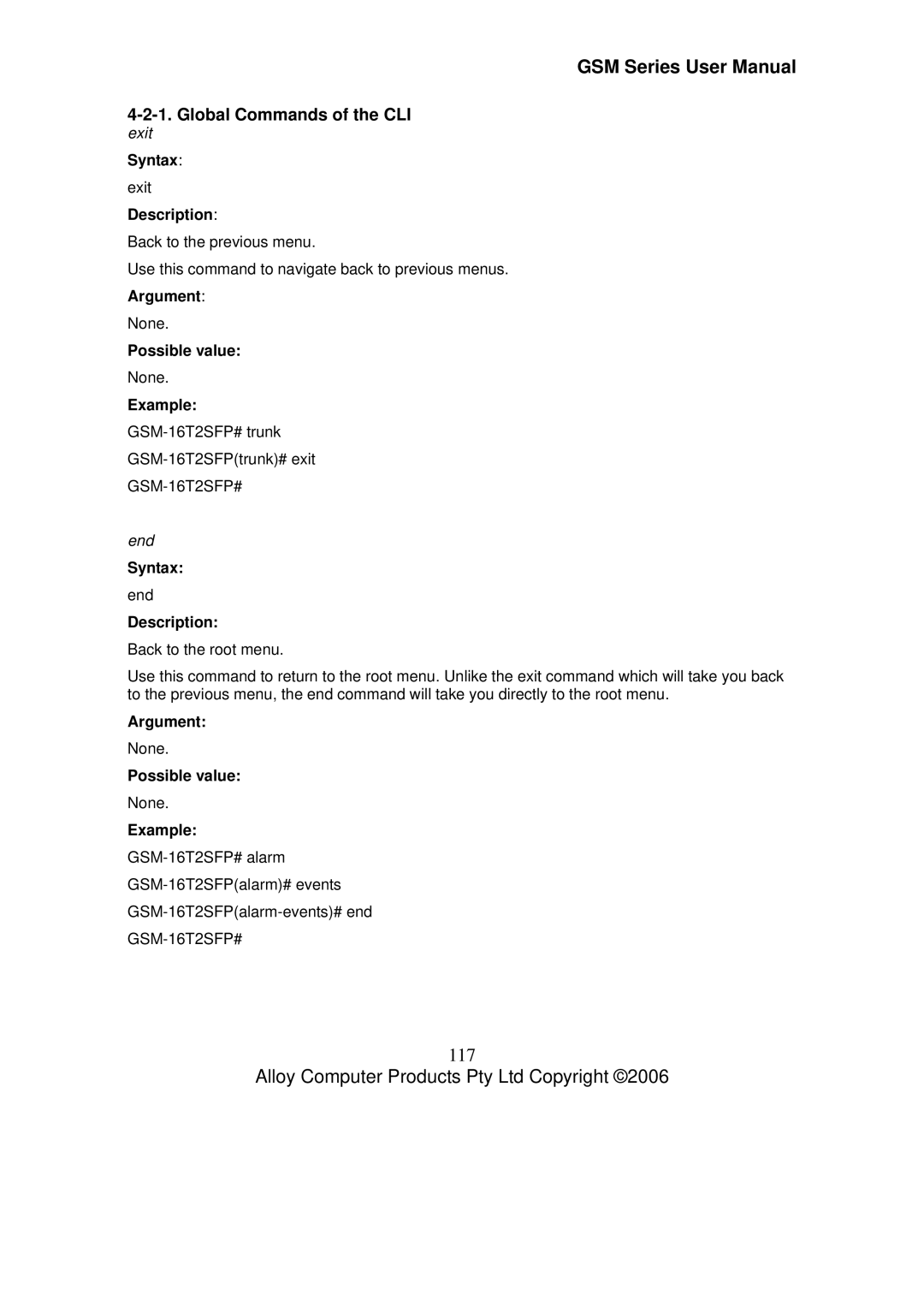 Alloy Computer Products GSM-8T16SFP, GSM-24T2SFP, GSM-16T2SFP user manual 117, Global Commands of the CLI 