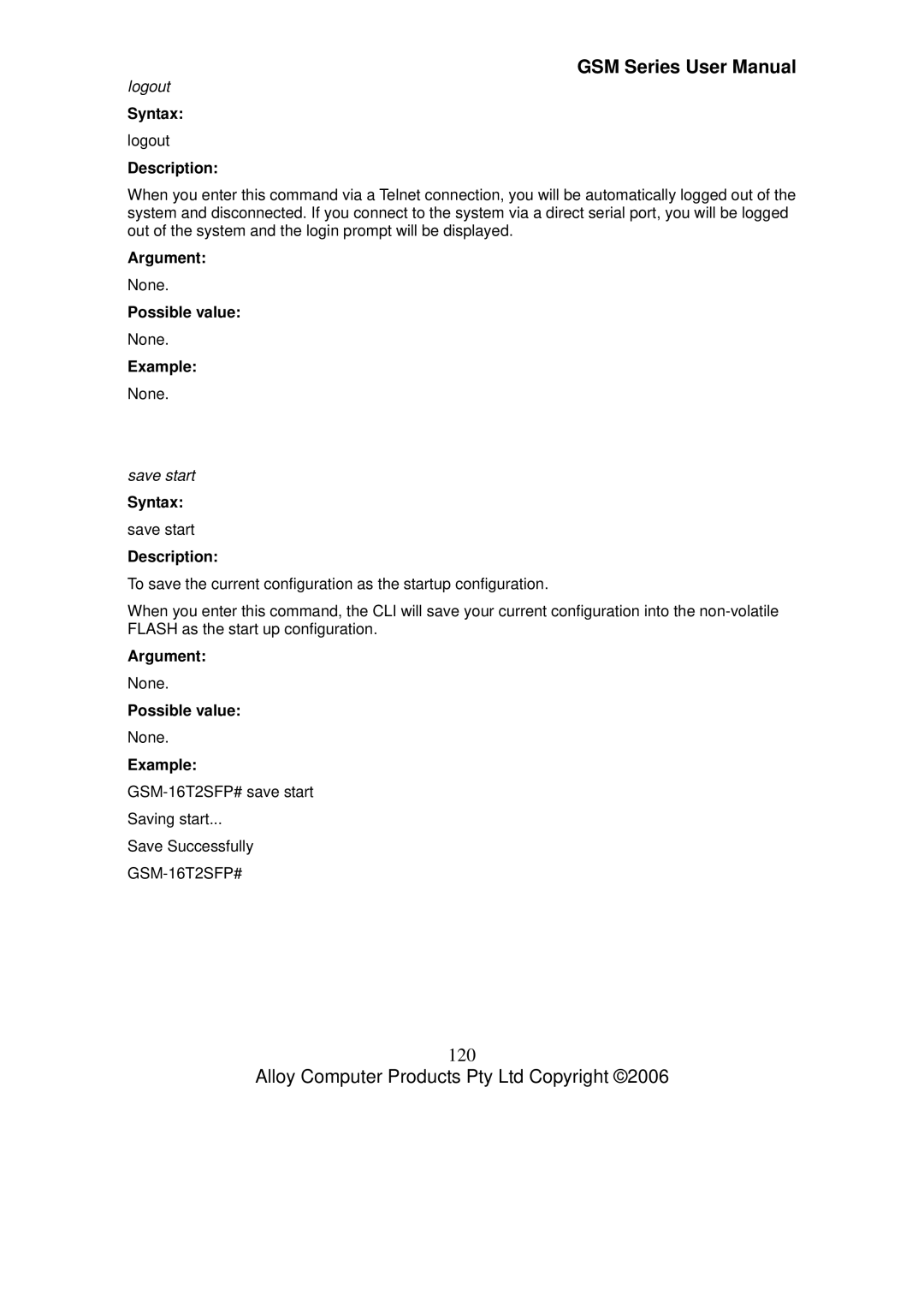 Alloy Computer Products GSM-8T16SFP, GSM-24T2SFP, GSM-16T2SFP user manual 120, Logout, Save start 