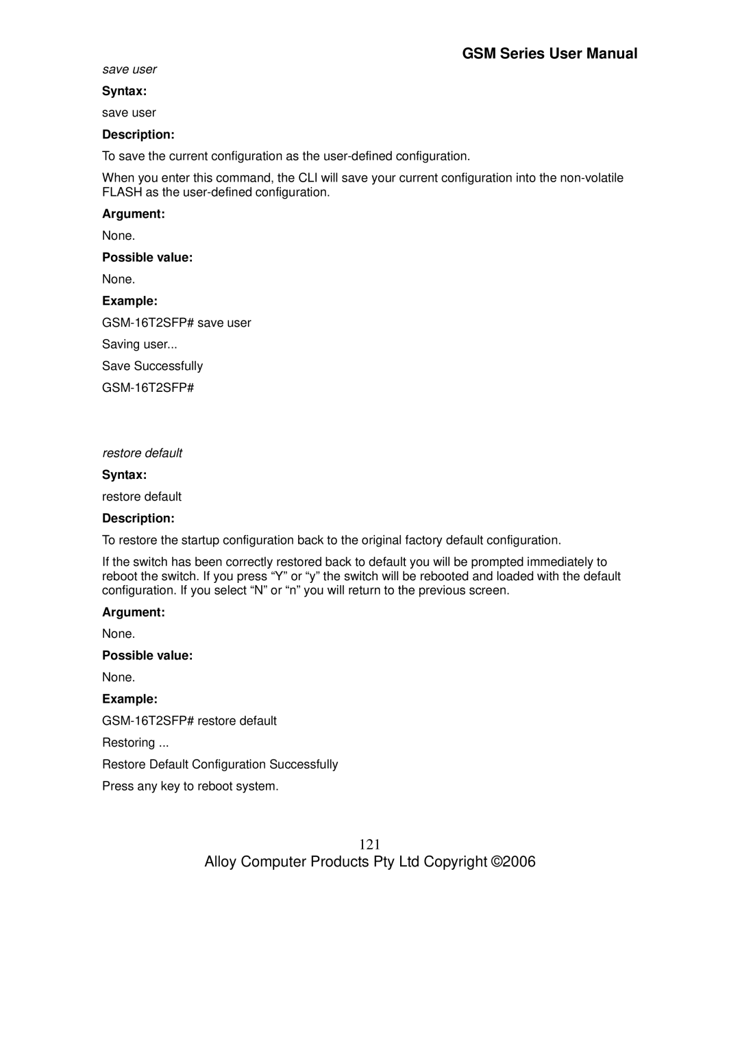 Alloy Computer Products GSM-16T2SFP, GSM-24T2SFP, GSM-8T16SFP user manual 121, Save user, Restore default 