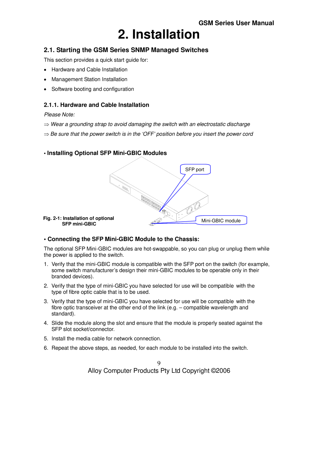 Alloy Computer Products GSM-8T16SFP Starting the GSM Series Snmp Managed Switches, Hardware and Cable Installation 