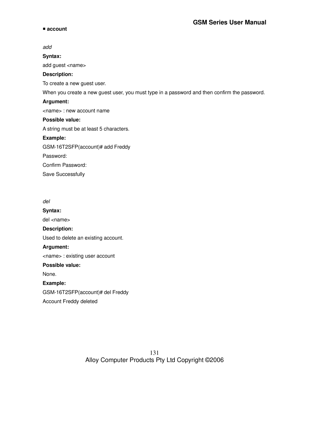 Alloy Computer Products GSM-24T2SFP, GSM-8T16SFP, GSM-16T2SFP user manual 131, ƒ account, Add, Del 