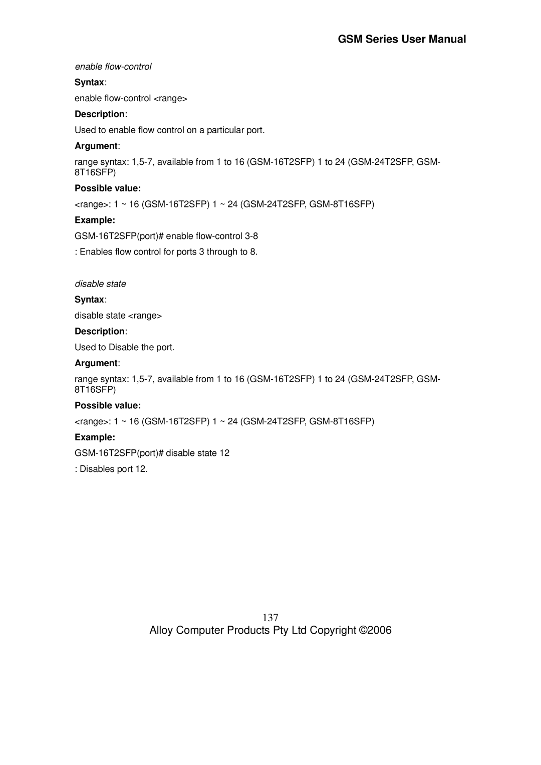Alloy Computer Products GSM-24T2SFP, GSM-8T16SFP, GSM-16T2SFP user manual 137, Enable flow-control, Disable state Syntax 