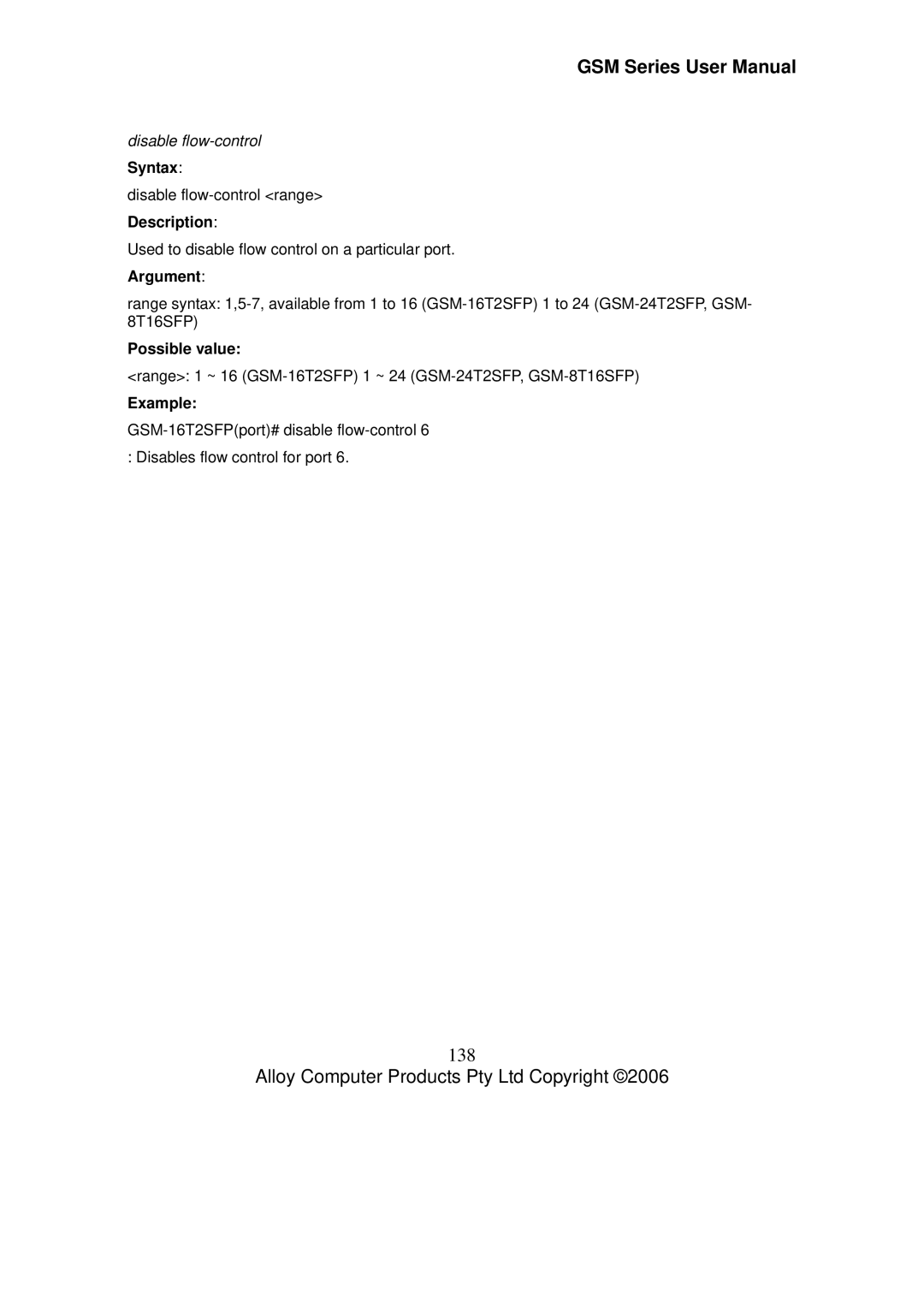 Alloy Computer Products GSM-8T16SFP, GSM-24T2SFP, GSM-16T2SFP user manual 138, Disable flow-control Syntax 