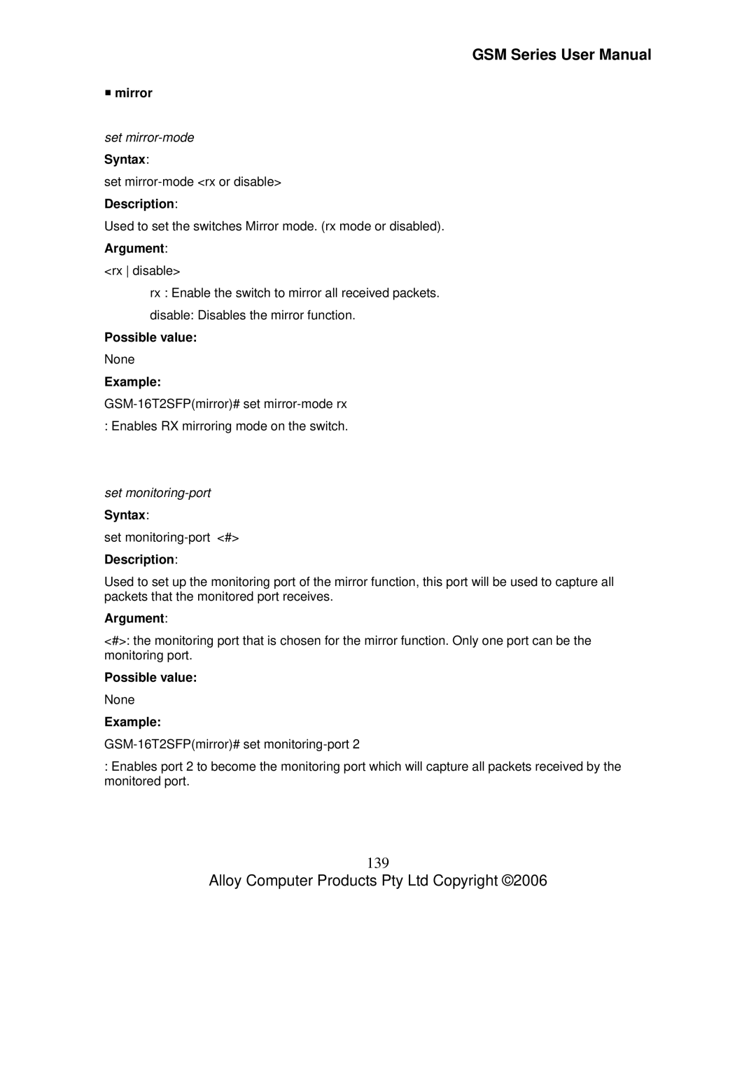 Alloy Computer Products GSM-16T2SFP, GSM-24T2SFP, GSM-8T16SFP user manual 139, ƒ mirror, Set mirror-mode, Set monitoring-port 