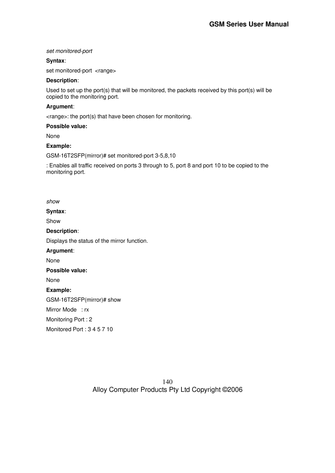 Alloy Computer Products GSM-24T2SFP, GSM-8T16SFP, GSM-16T2SFP user manual 140, Set monitored-port Syntax 