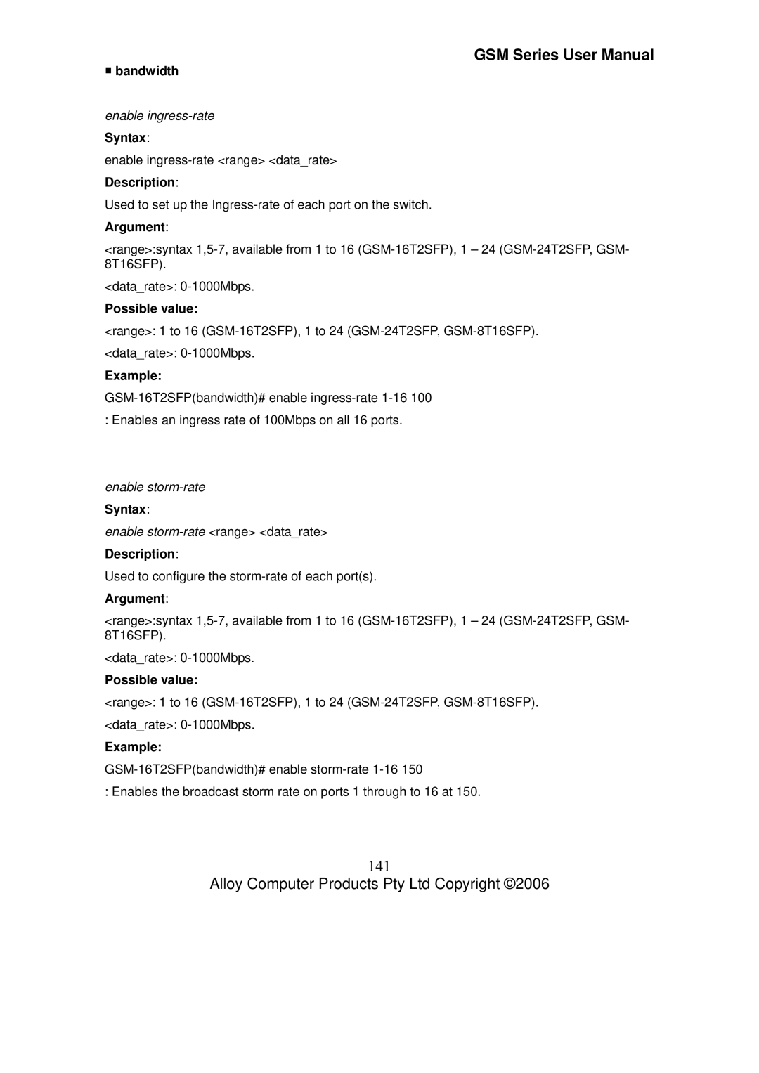 Alloy Computer Products GSM-8T16SFP, GSM-24T2SFP 141, ƒ bandwidth, Enable ingress-rate Syntax, Enable storm-rate Syntax 