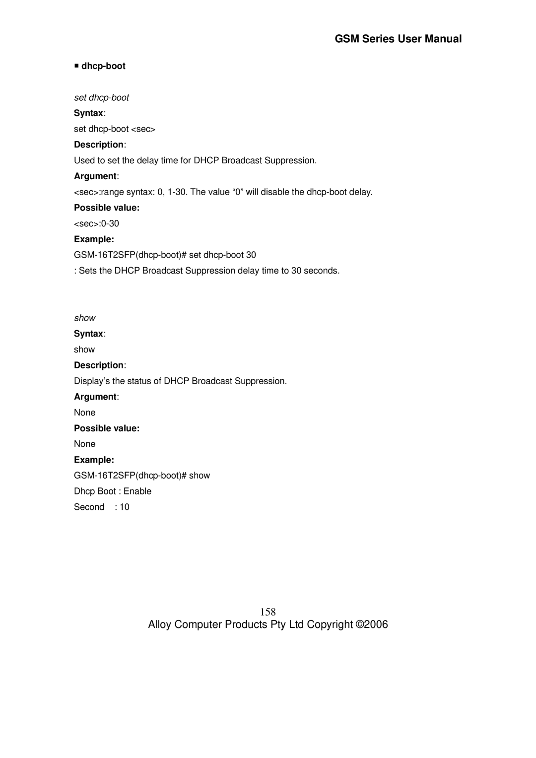 Alloy Computer Products GSM-24T2SFP, GSM-8T16SFP, GSM-16T2SFP user manual 158, ƒ dhcp-boot, Set dhcp-boot Syntax 