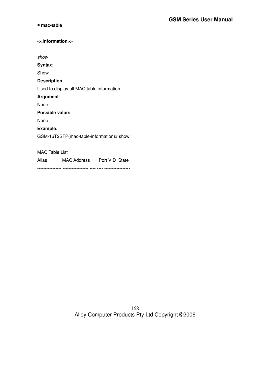 Alloy Computer Products GSM-8T16SFP, GSM-24T2SFP, GSM-16T2SFP user manual 168, ƒ mac-table Information 